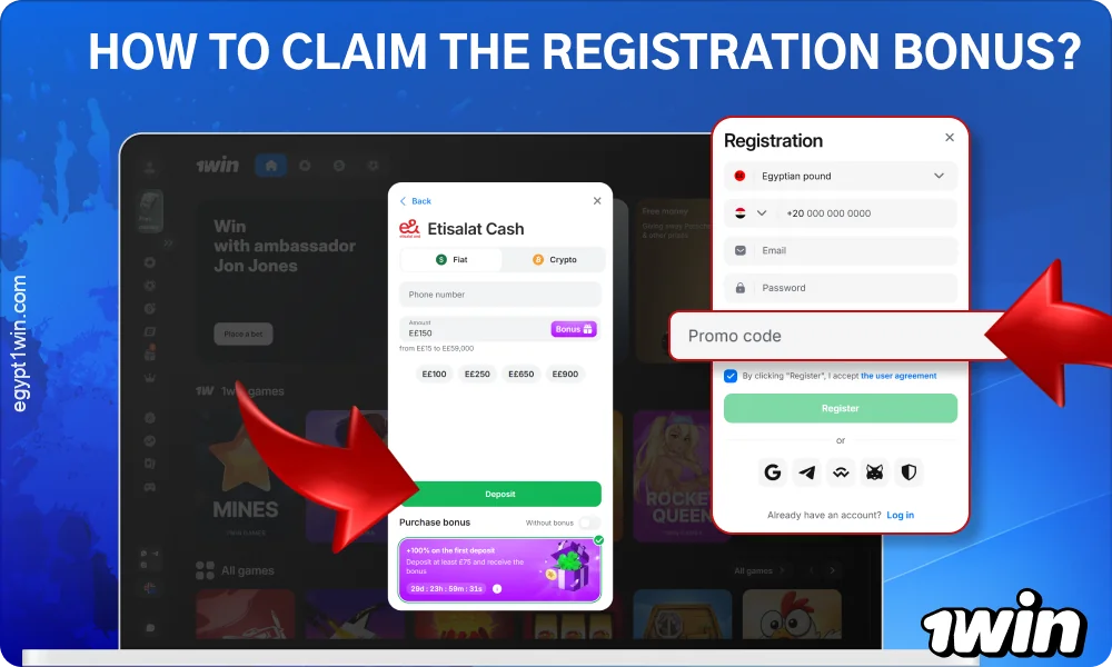 To get the 1win bonus, sign up, enter the promo code, and make a deposit